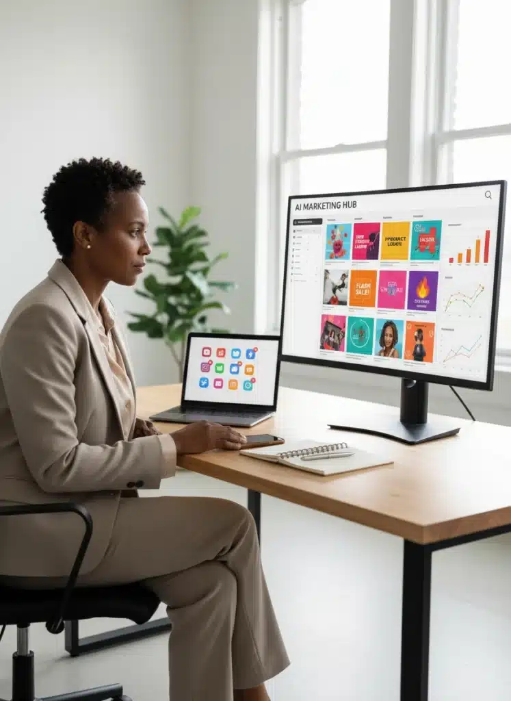 businesswoman-managing-ai-marketing-hub-social-media-content businesswoman-managing-ai-marketing-hub-social-media-content