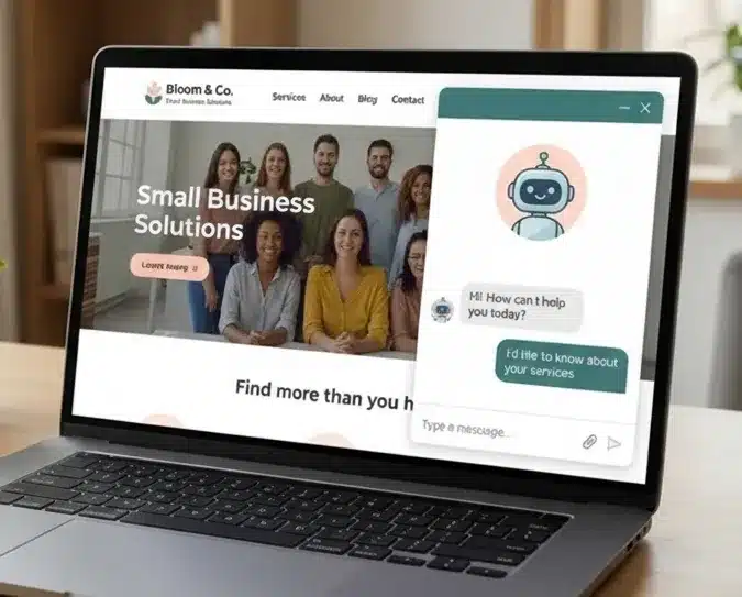small-business-website-with-customer-support-chatbot-interface-on-screen small-business-website-with-customer-support-chatbot-interface
